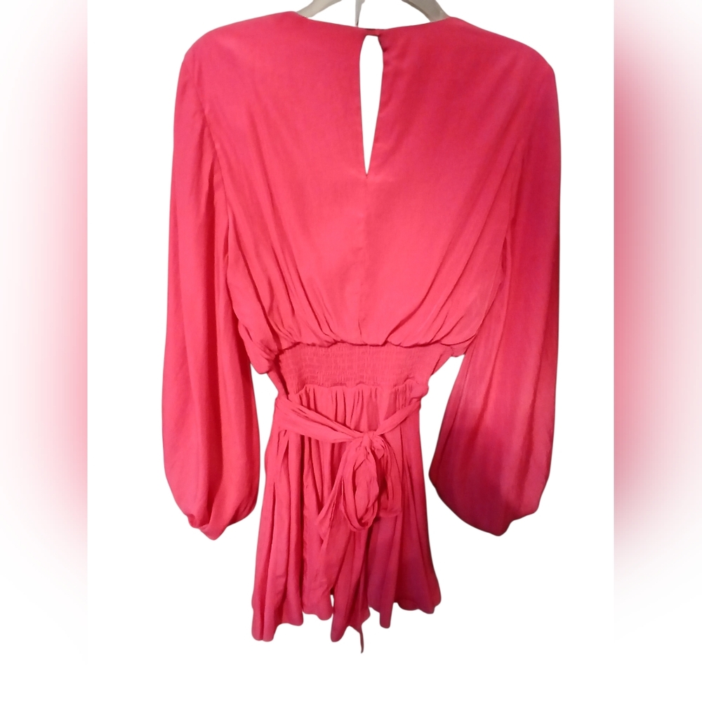 NWOT - Mustard Seed Women's Pink Barbiecore Lantern Sleeve, Flowy, V-neck Dress - Picture 3 of 4